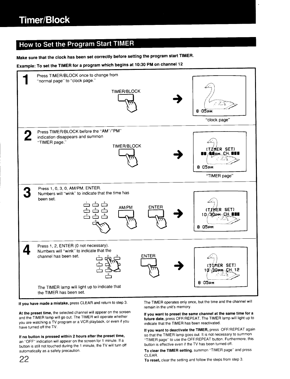 Timer/block, How to set the program start timer, 8 osom | Sony KV-19TS20 User Manual | Page 22 / 23