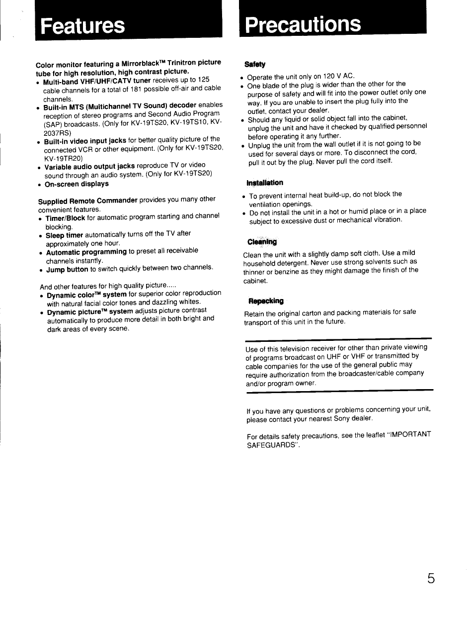 Precautions, Inimmon, Clemiino | Features precautions | Sony KV-19TS20 User Manual | Page 5 / 23