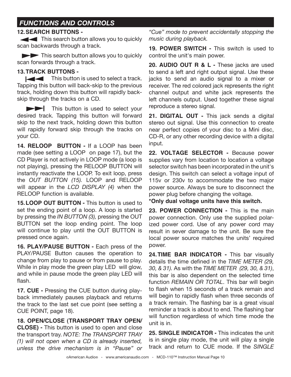 Functions and controls | American Audio MCD-110 User Manual | Page 10 / 22