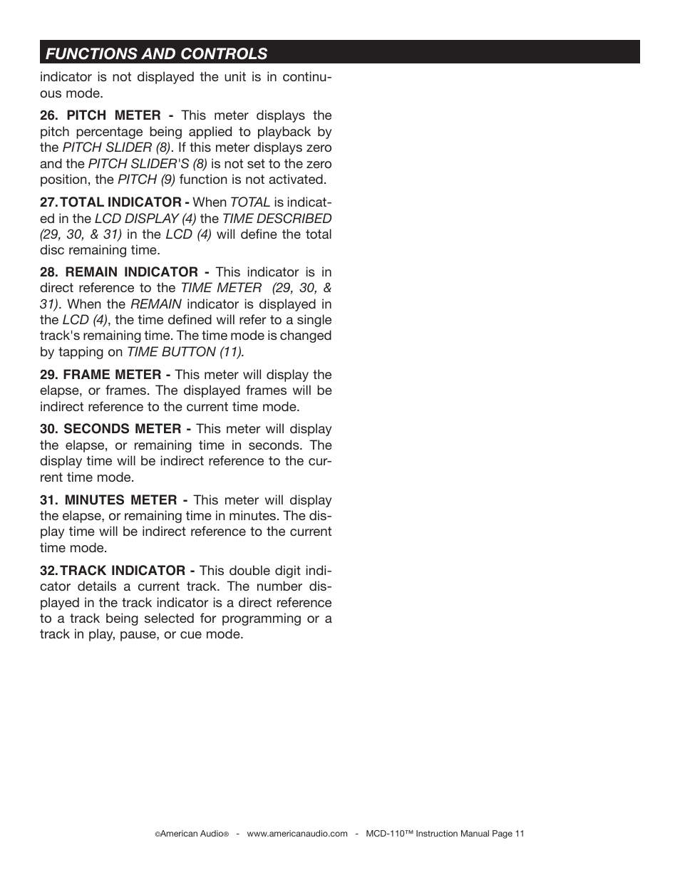 Functions and controls | American Audio MCD-110 User Manual | Page 11 / 22