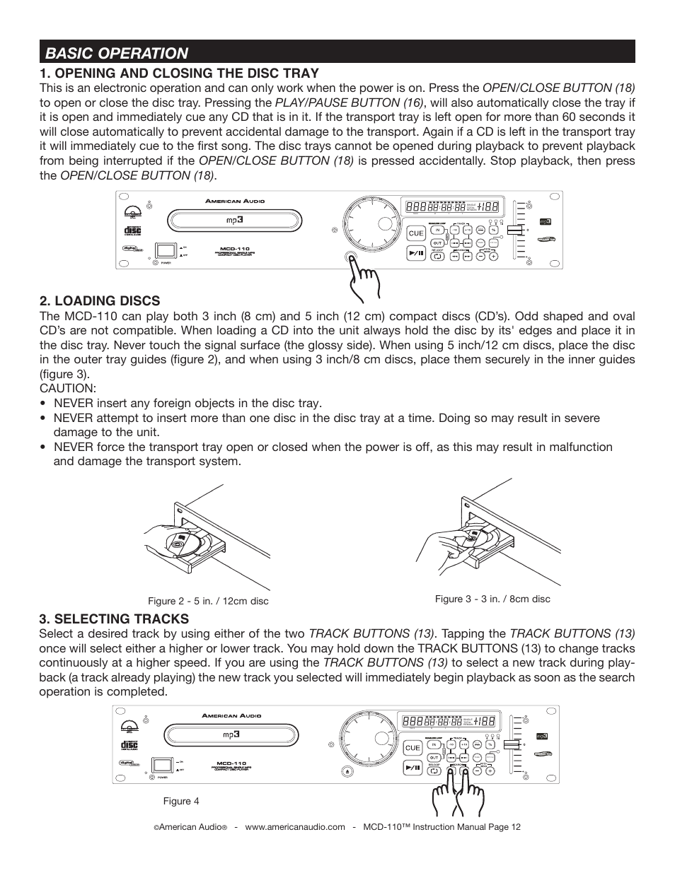 Basic operation, Loading discs, Selecting tracks | Opening and closing the disc tray, Figure 4, American audio | American Audio MCD-110 User Manual | Page 12 / 22