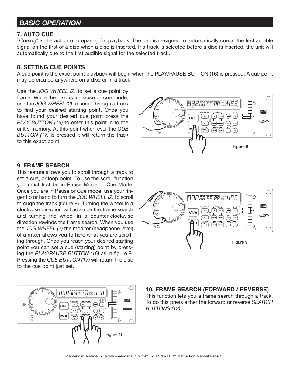 Basic operation, Frame search, Frame search (forward / reverse) | Auto cue, Setting cue points, Figure 9 figure 10, Figure 8, American audio | American Audio MCD-110 User Manual | Page 14 / 22