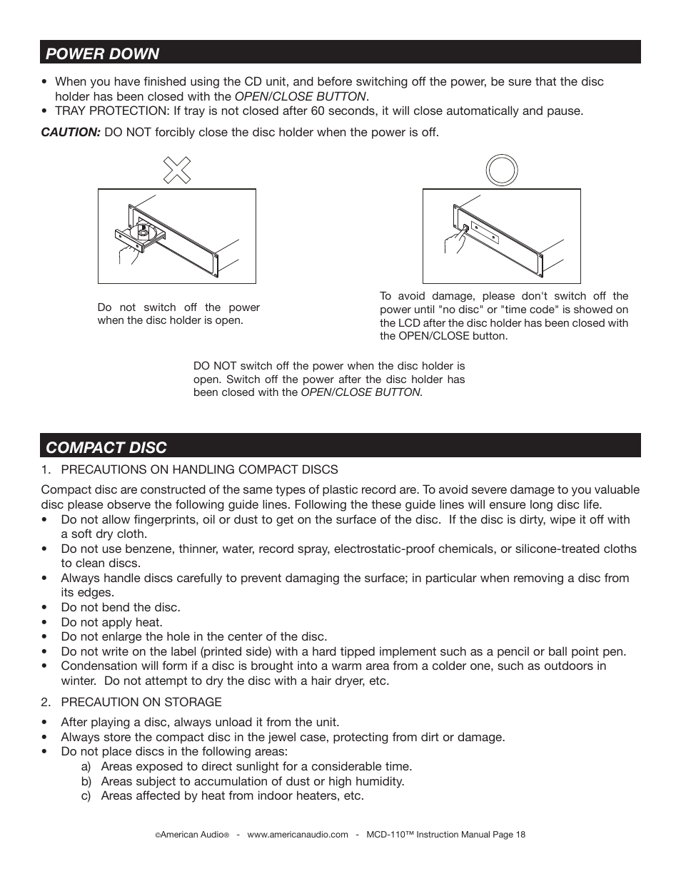 Power down compact disc | American Audio MCD-110 User Manual | Page 18 / 22