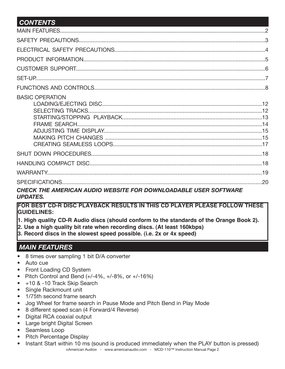 American Audio MCD-110 User Manual | Page 2 / 22