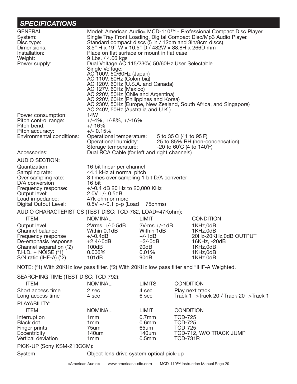 Specifications | American Audio MCD-110 User Manual | Page 20 / 22