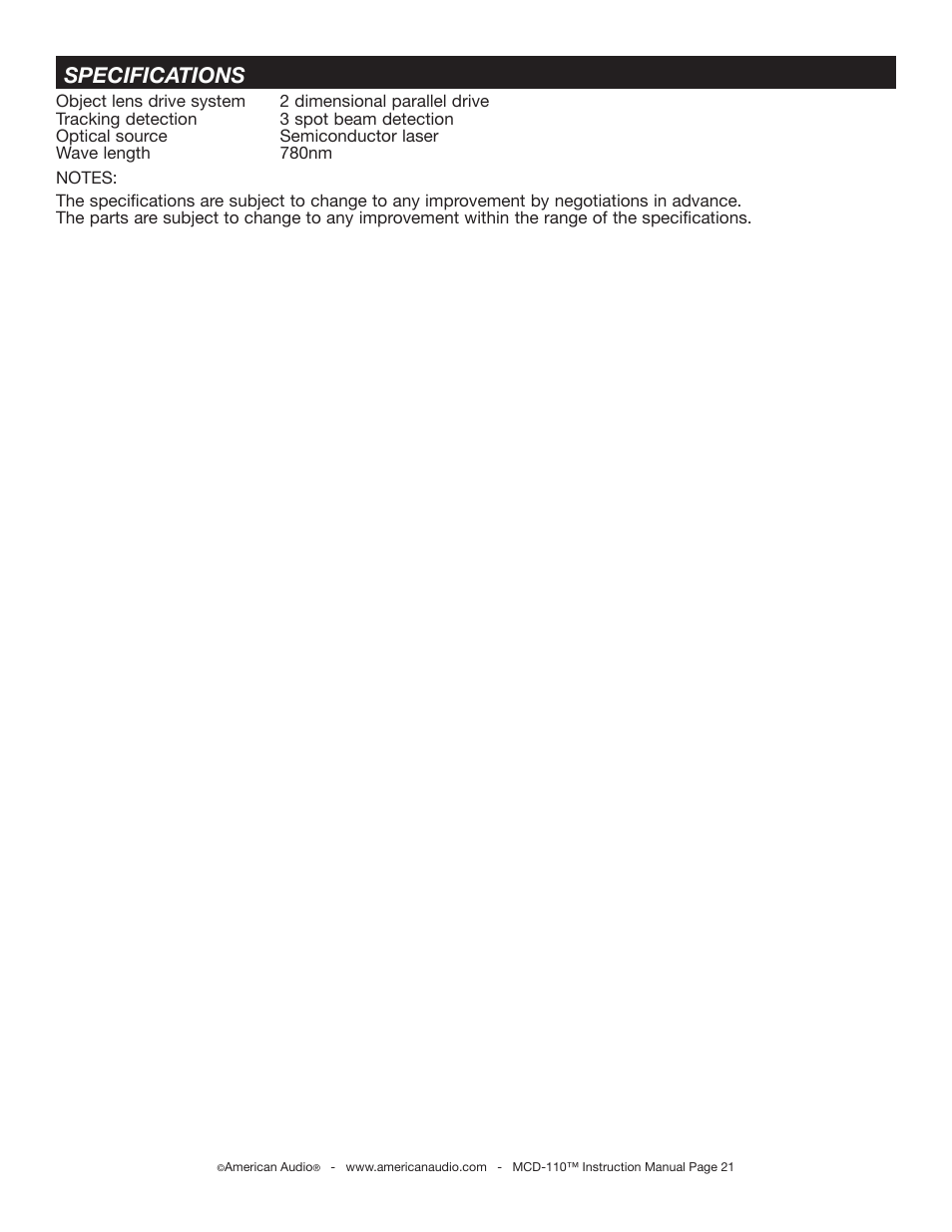 Specifications | American Audio MCD-110 User Manual | Page 21 / 22