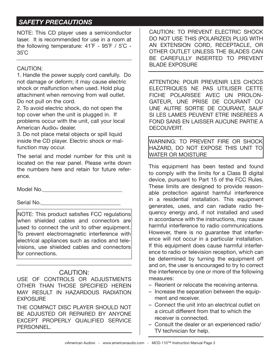 Caution, Safety precautions | American Audio MCD-110 User Manual | Page 3 / 22