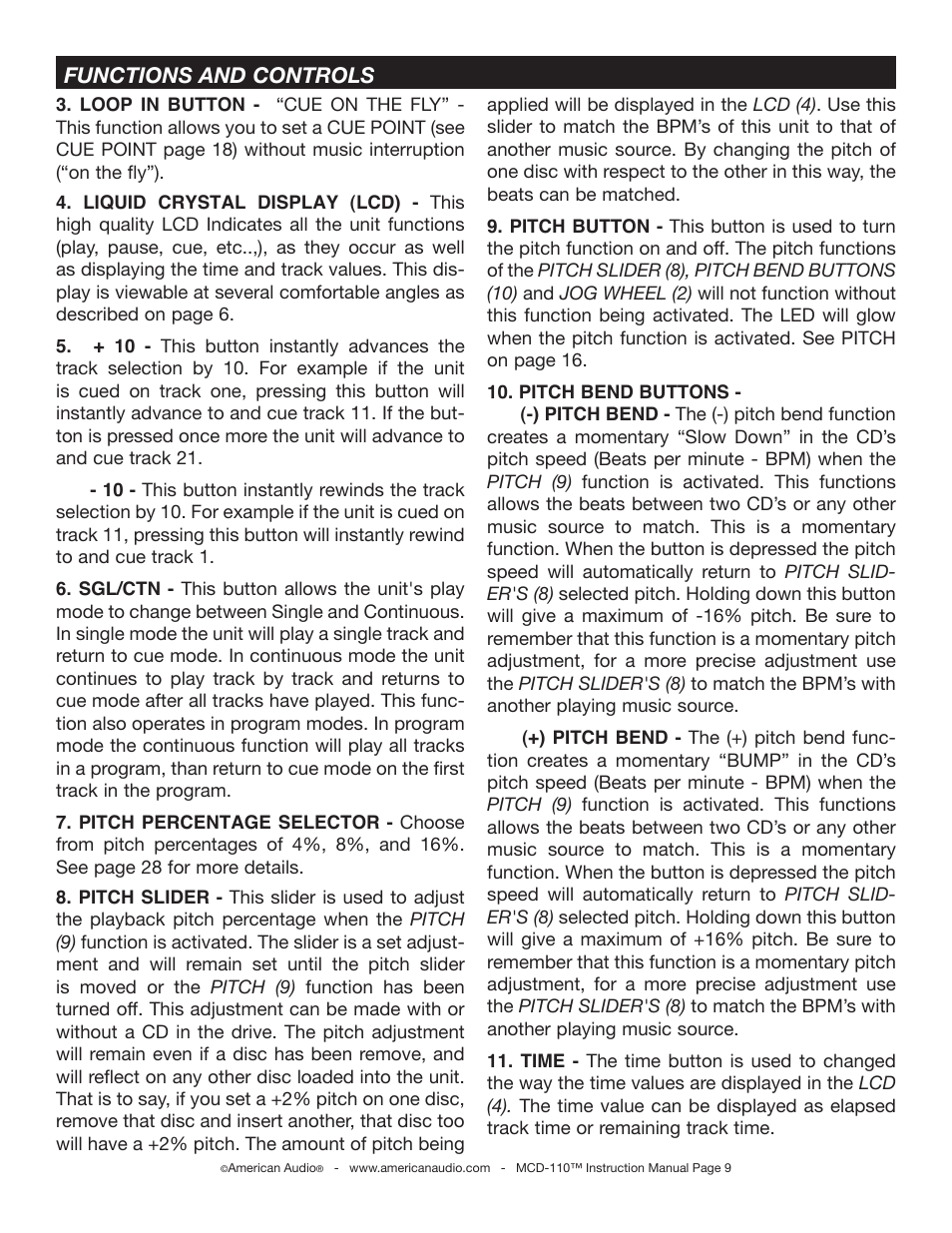 Functions and controls | American Audio MCD-110 User Manual | Page 9 / 22