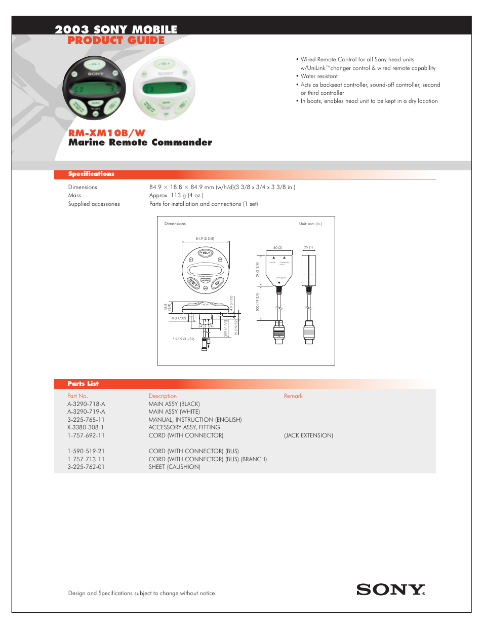 Sony RM-XM10B User Manual | 1 page