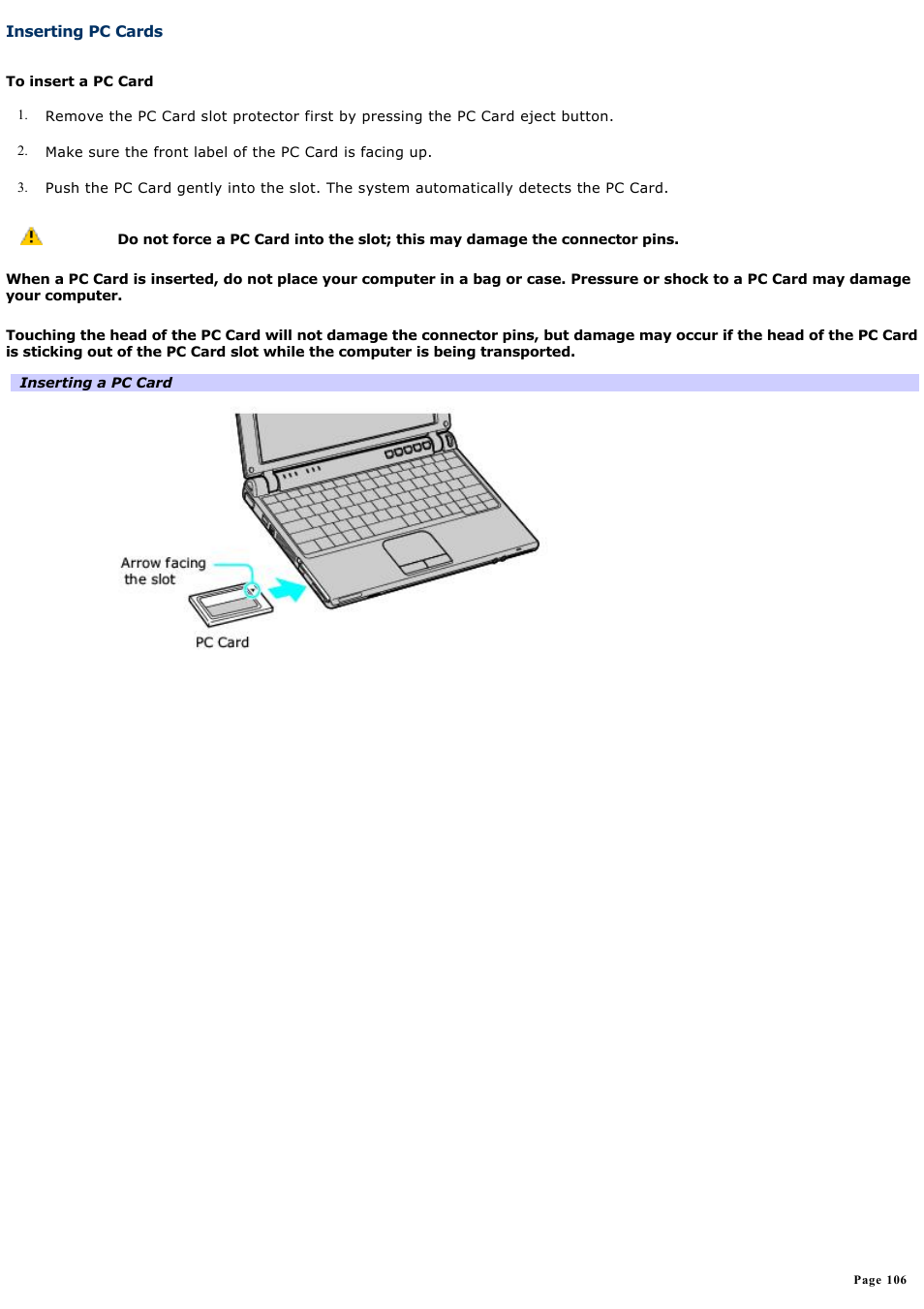 Inserting pc cards | Sony VGN-T270P User Manual | Page 106 / 220