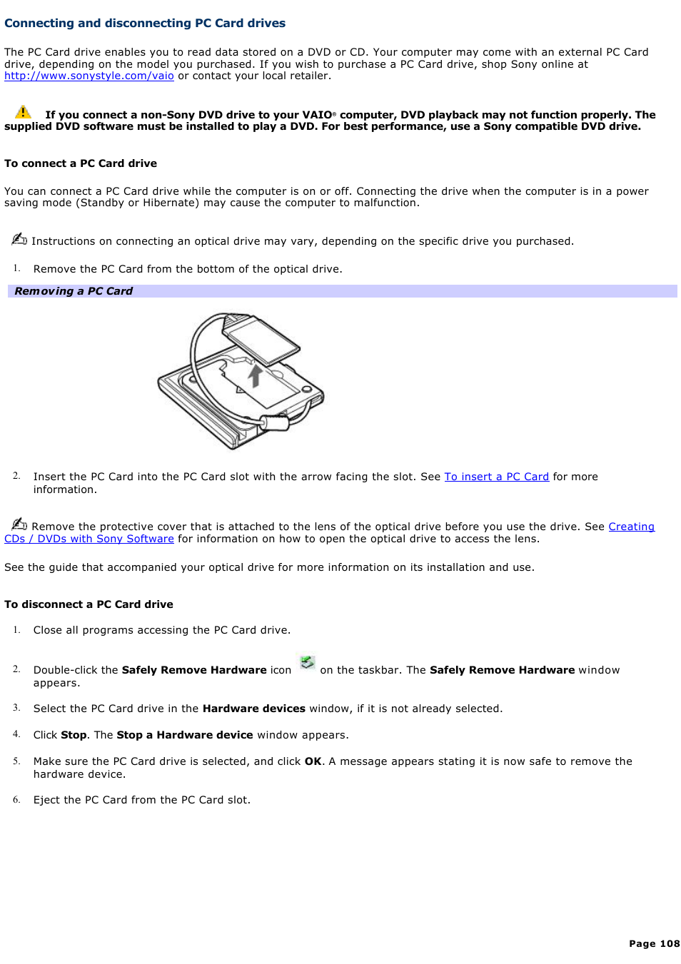 Connecting and disconnecting pc card drives | Sony VGN-T270P User Manual | Page 108 / 220