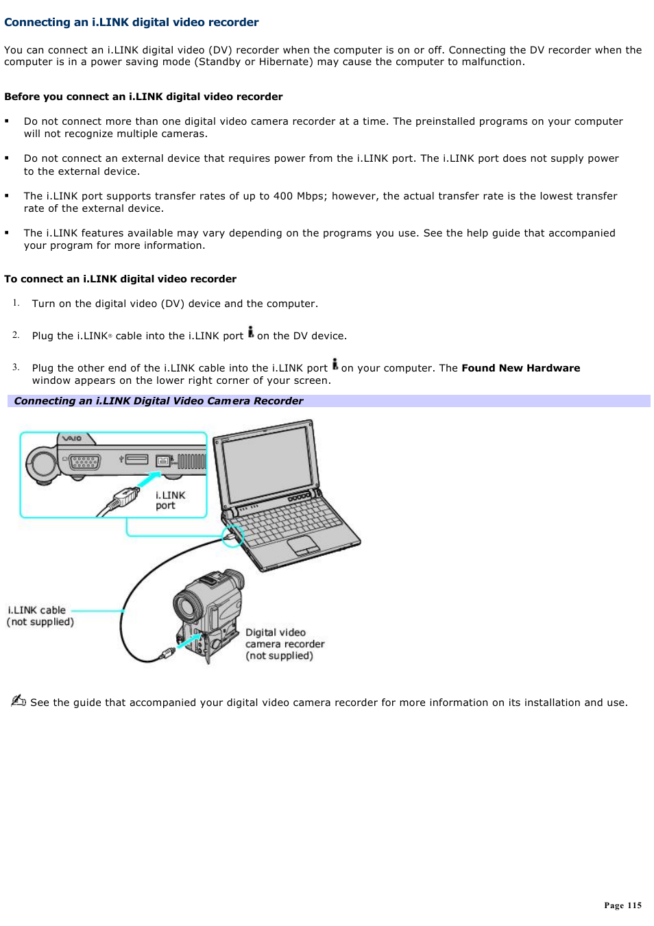 Connecting an i.link digital video recorder | Sony VGN-T270P User Manual | Page 115 / 220