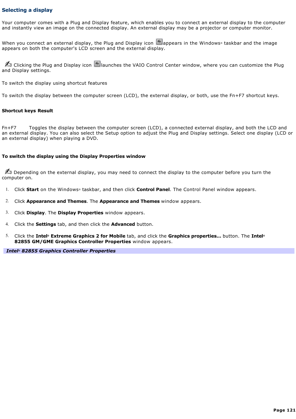 Selecting a display, Selecting, A display | Sony VGN-T270P User Manual | Page 121 / 220