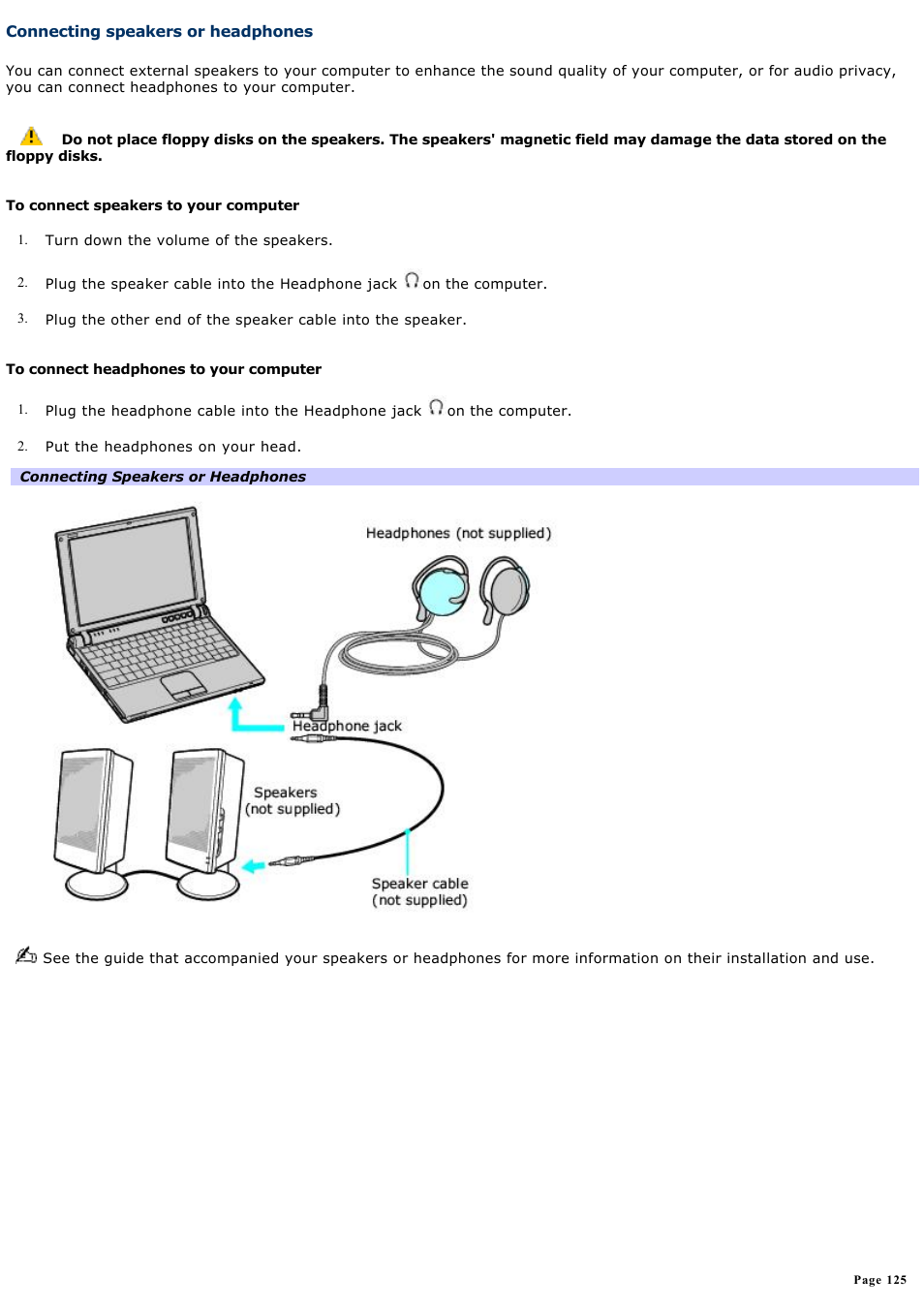 Connecting speakers or headphones | Sony VGN-T270P User Manual | Page 125 / 220