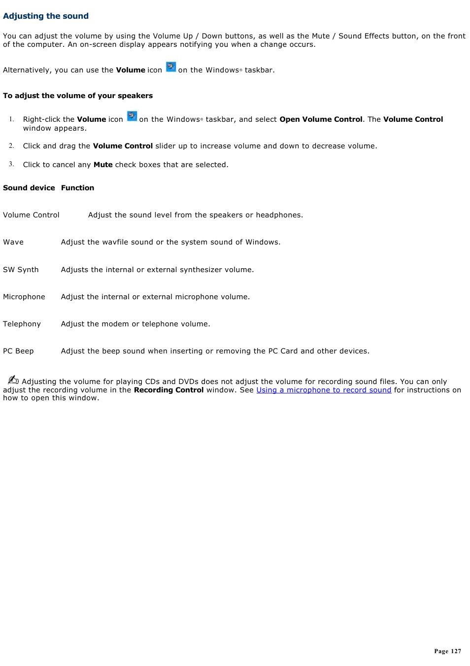 Adjusting the sound | Sony VGN-T270P User Manual | Page 127 / 220