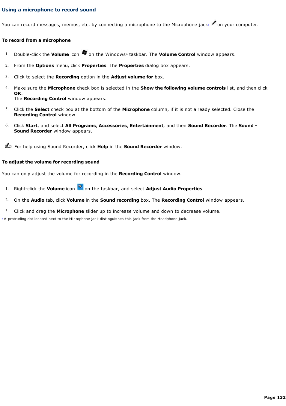 Using a microphone to record sound | Sony VGN-T270P User Manual | Page 132 / 220