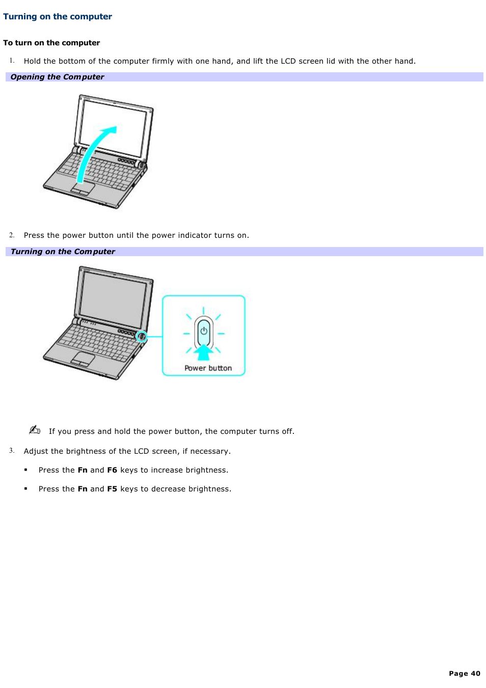 Turning on the computer | Sony VGN-T270P User Manual | Page 40 / 220