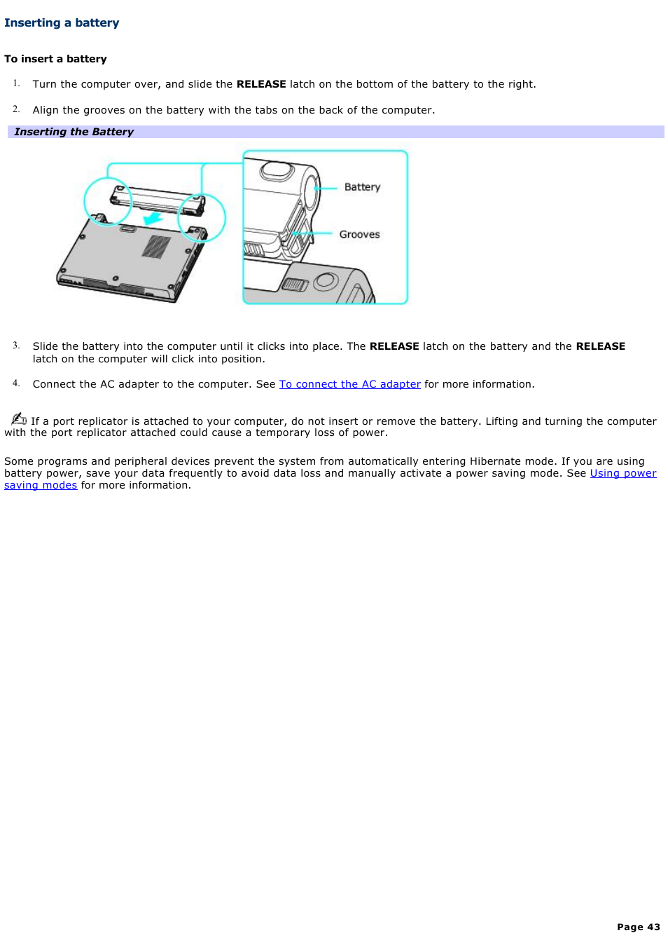 Inserting a battery | Sony VGN-T270P User Manual | Page 43 / 220