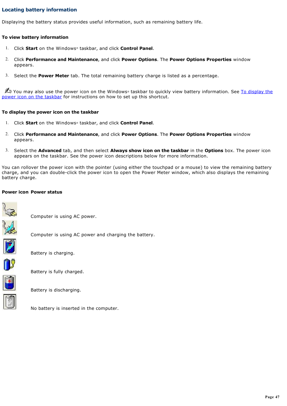 Locating battery information | Sony VGN-T270P User Manual | Page 47 / 220