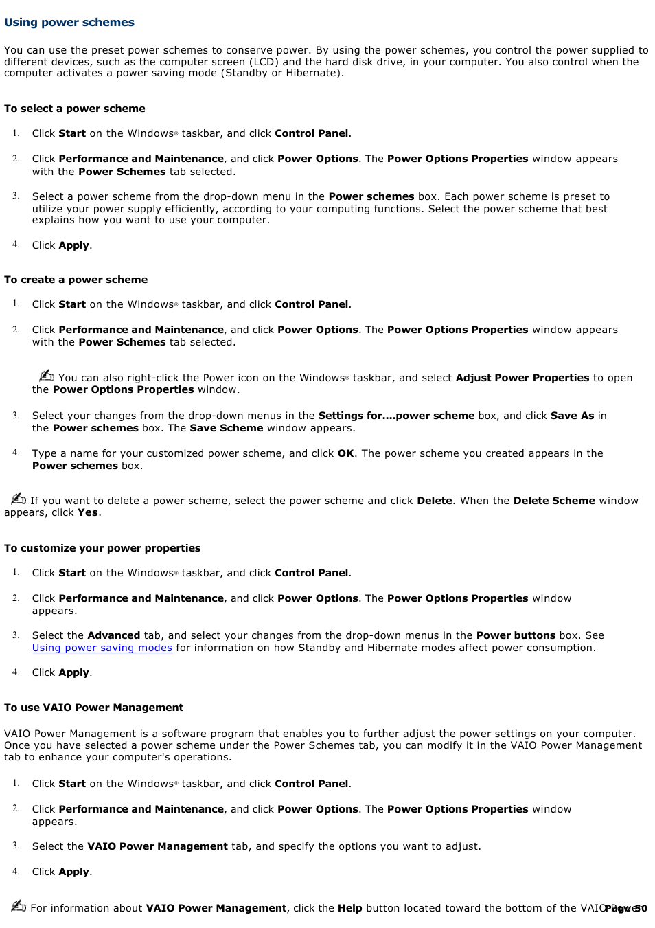 Using power schemes | Sony VGN-T270P User Manual | Page 50 / 220