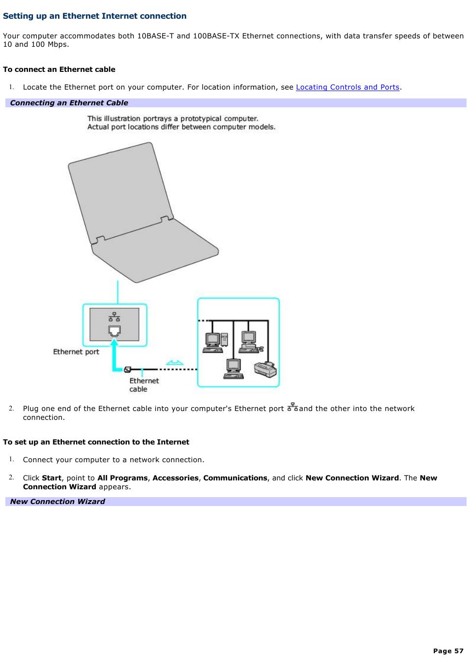 Setting up an ethernet internet connection | Sony VGN-T270P User Manual | Page 57 / 220