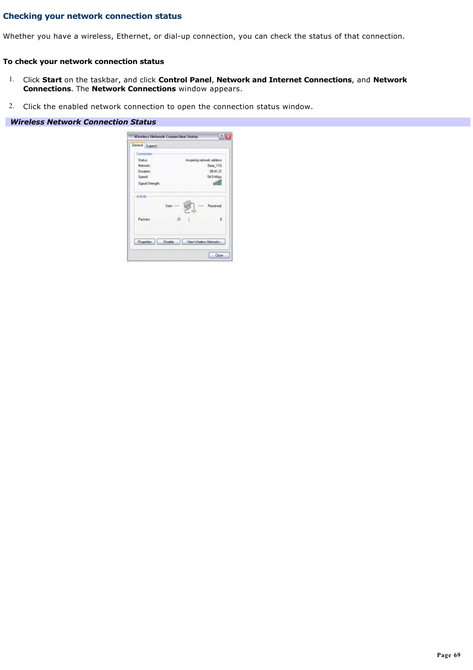 Checking your network connection status | Sony VGN-T270P User Manual | Page 69 / 220