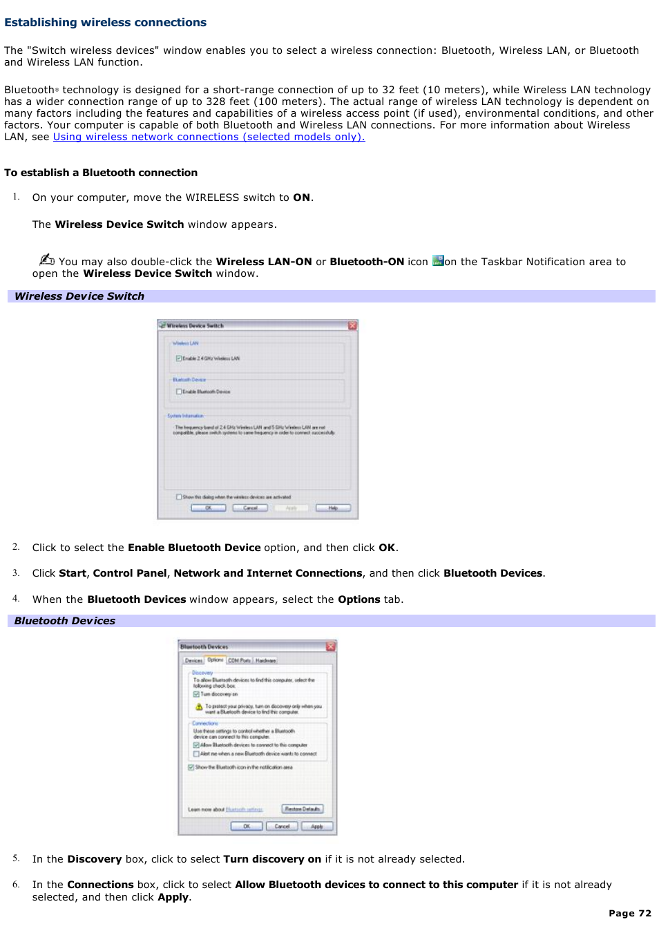 Establishing wireless connections | Sony VGN-T270P User Manual | Page 72 / 220