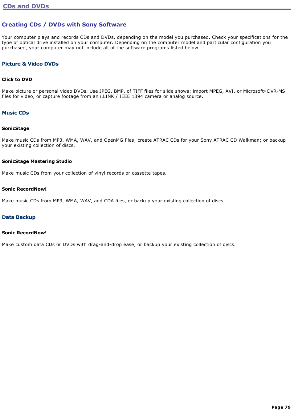 Cds and dvds | Sony VGN-T270P User Manual | Page 79 / 220