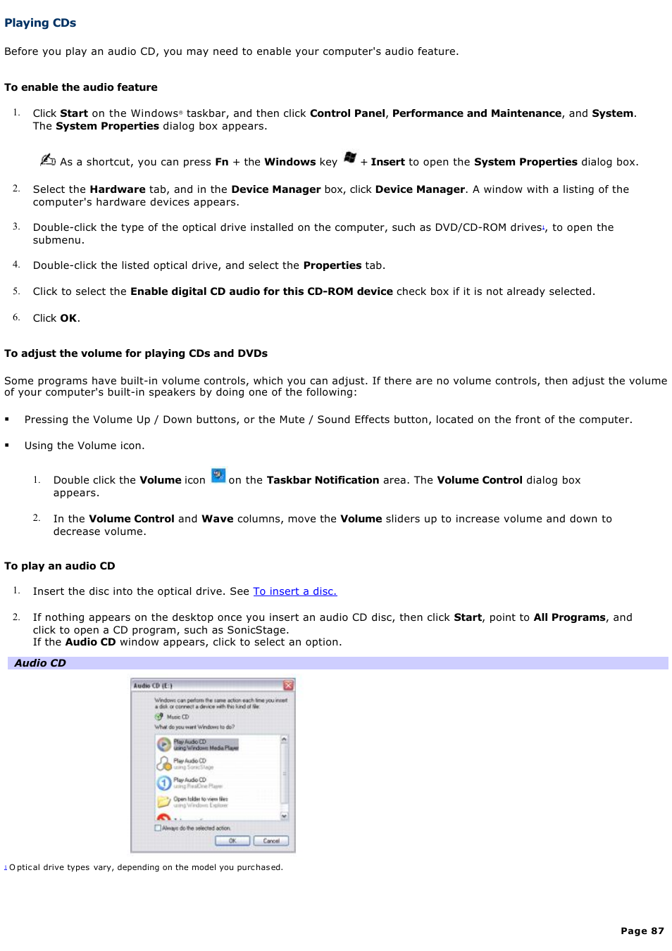 Playing cds | Sony VGN-T270P User Manual | Page 87 / 220