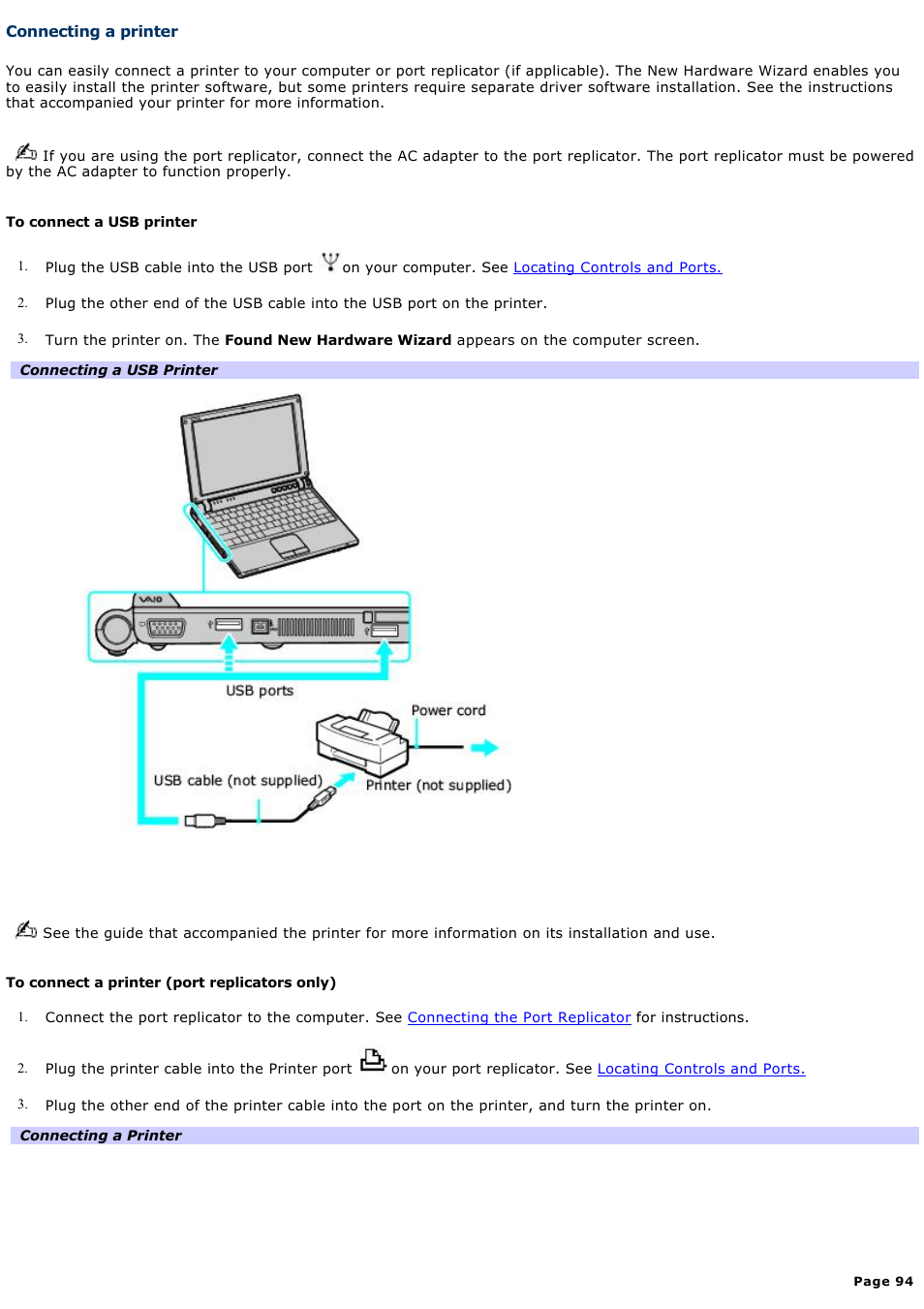 Connecting a printer | Sony VGN-T270P User Manual | Page 94 / 220