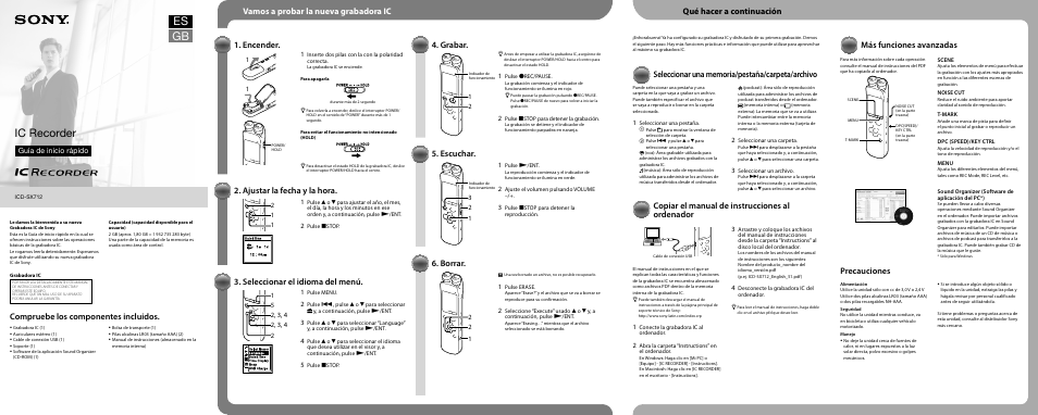 Es gb, Ic recorder, Vamos a probar la nueva grabadora ic 1. encender | Ajustar la fecha y la hora, Seleccionar el idioma del menú, Grabar, Escuchar, Borrar, Copiar el manual de instrucciones al ordenador, Precauciones | Sony ICD-SX712 User Manual | Page 2 / 2