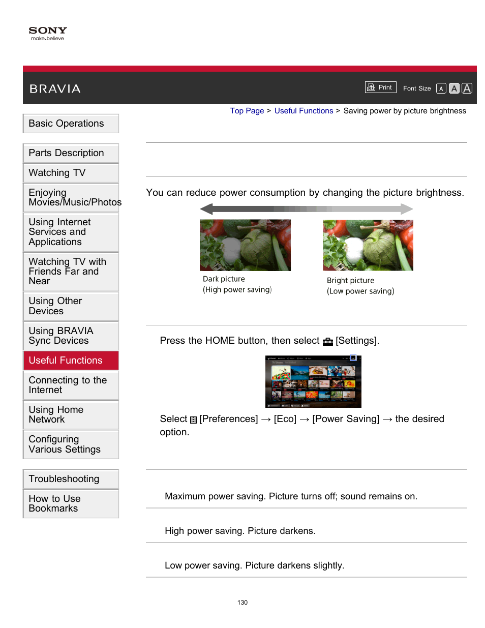 Saving power by picture brightness, Pic off | Sony XBR-55X900B User Manual | Page 136 / 255
