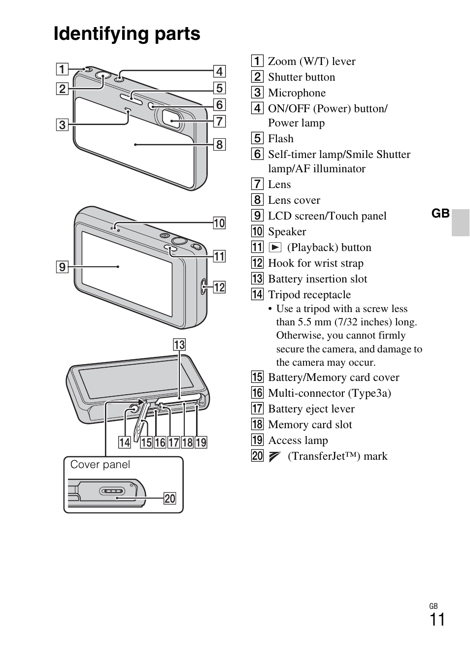 Identifying parts | Sony DSC-T110 User Manual | Page 11 / 72