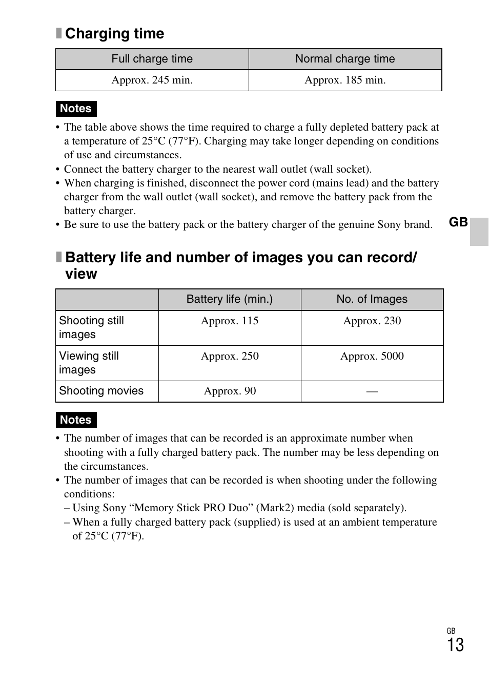 Xcharging time | Sony DSC-T110 User Manual | Page 13 / 72
