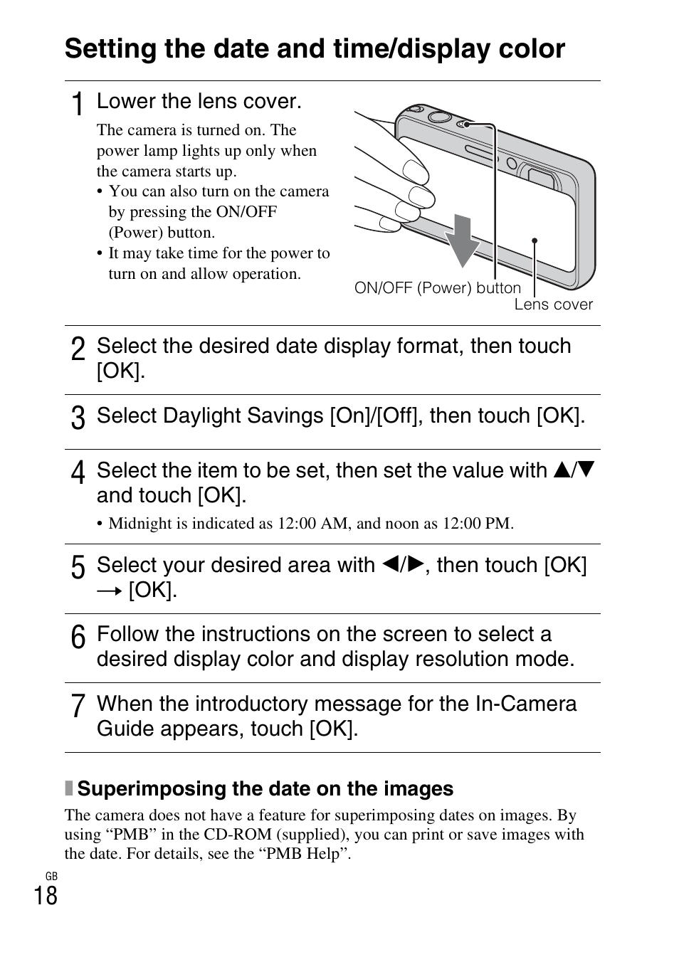 Setting the date and time/display color | Sony DSC-T110 User Manual | Page 18 / 72