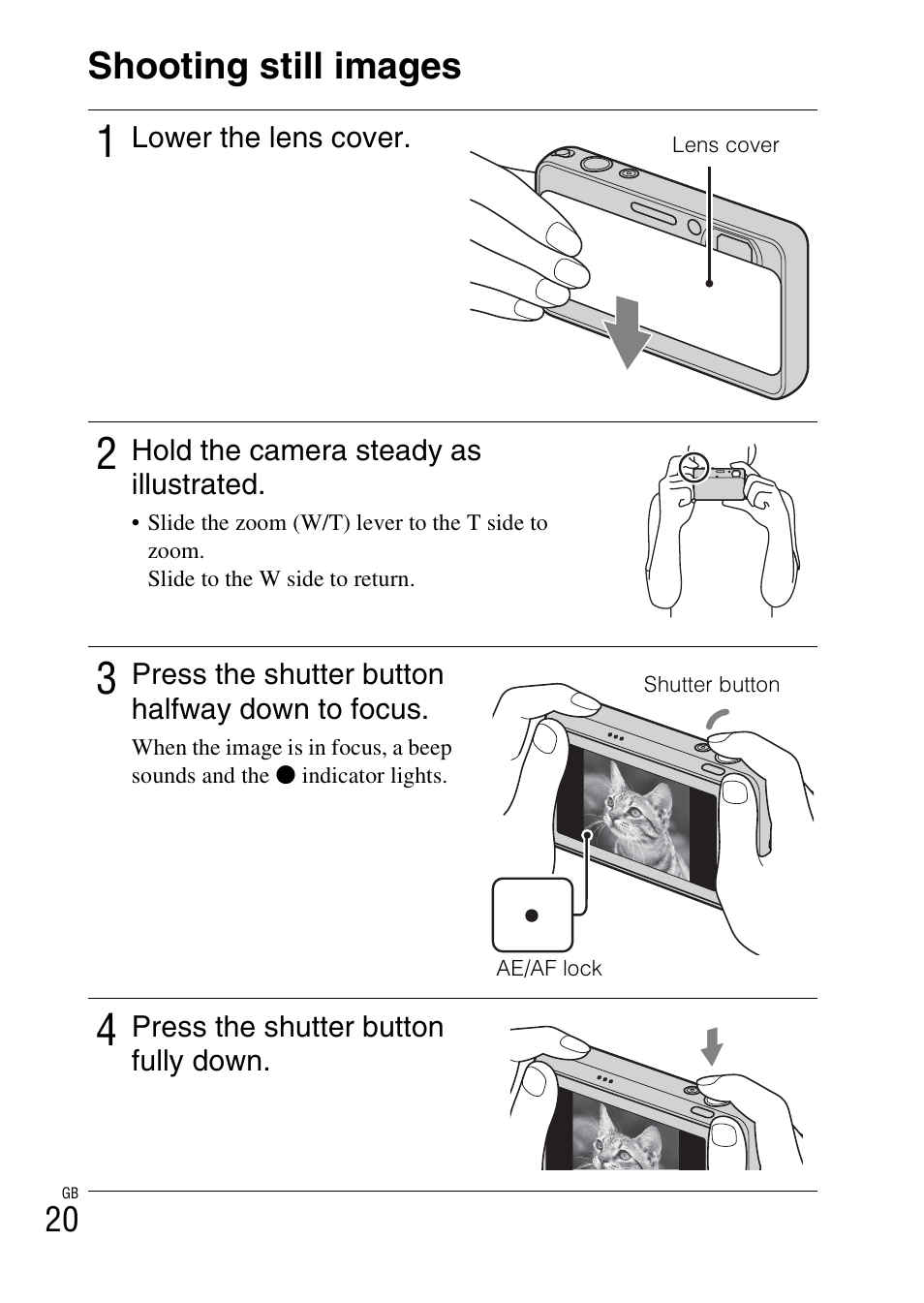 Shooting still images | Sony DSC-T110 User Manual | Page 20 / 72