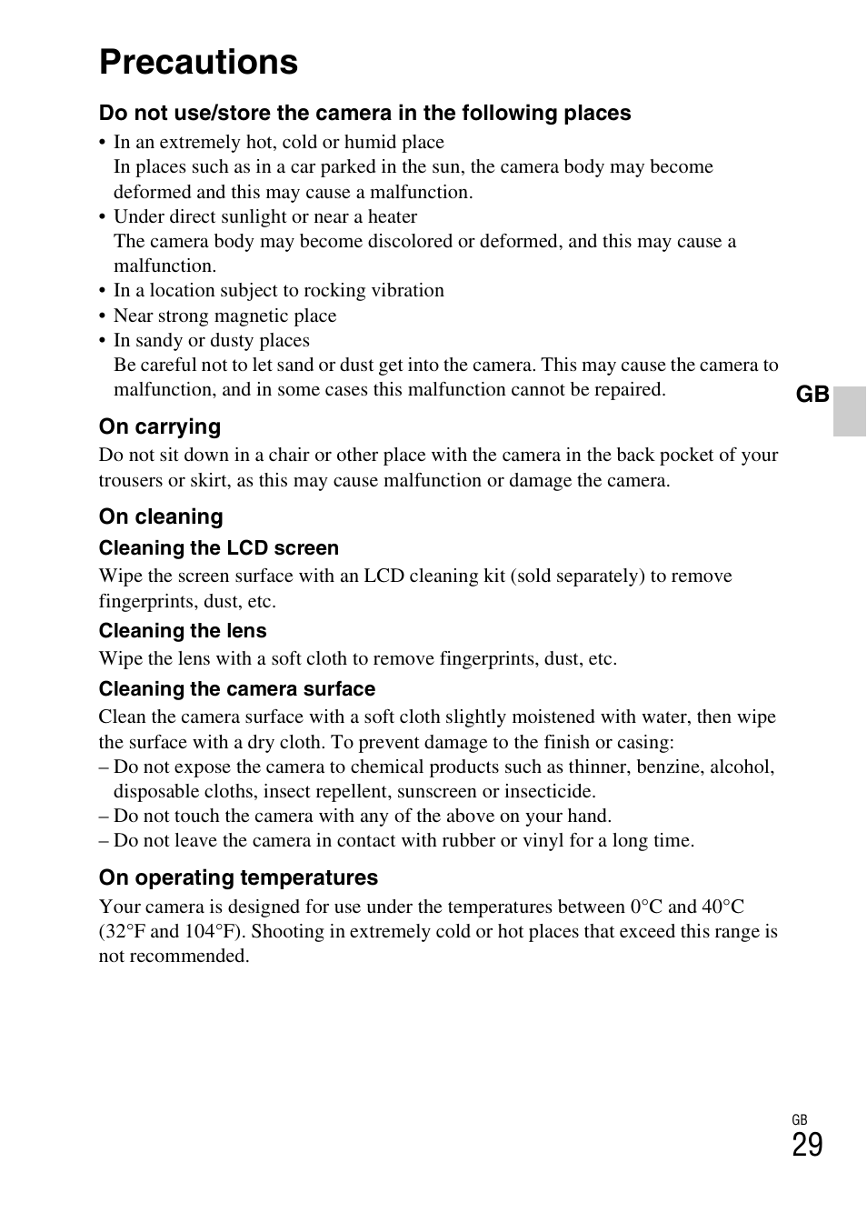 Precautions | Sony DSC-T110 User Manual | Page 29 / 72