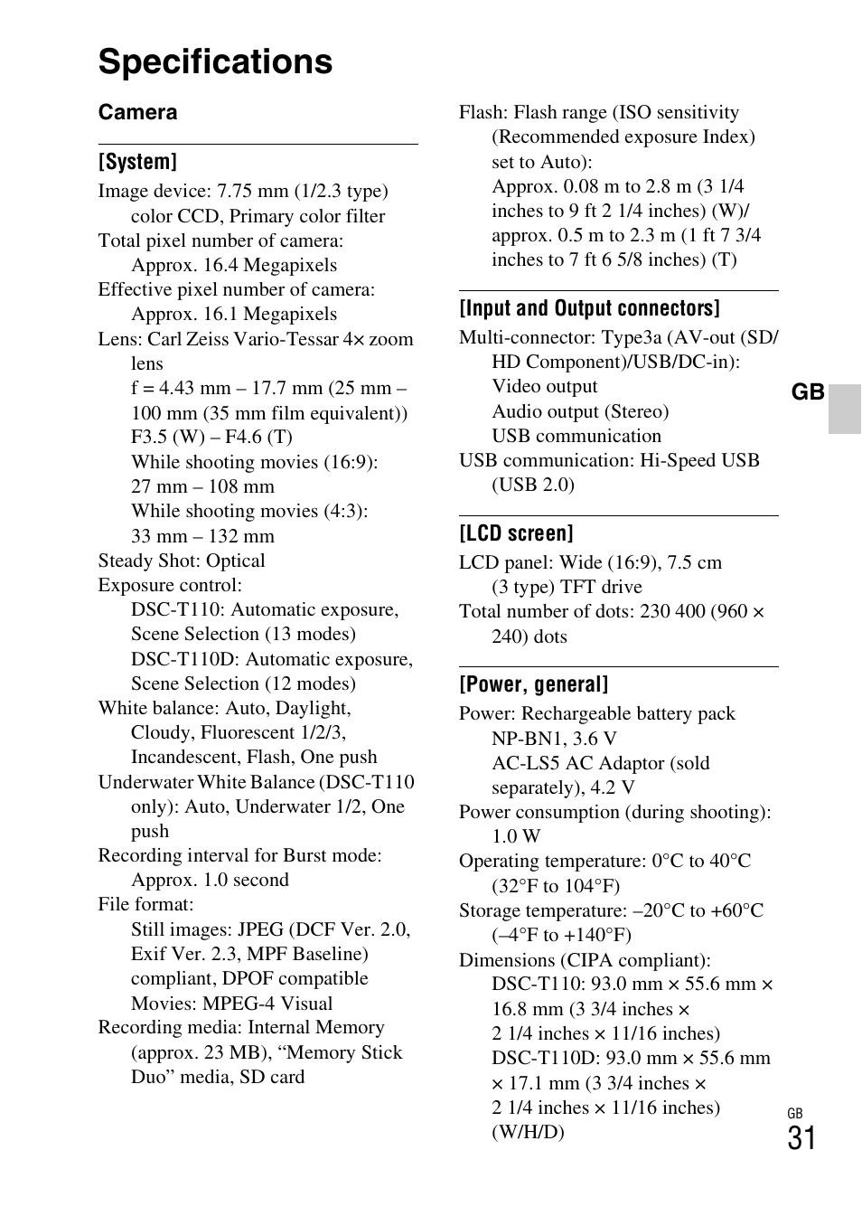 Specifications | Sony DSC-T110 User Manual | Page 31 / 72
