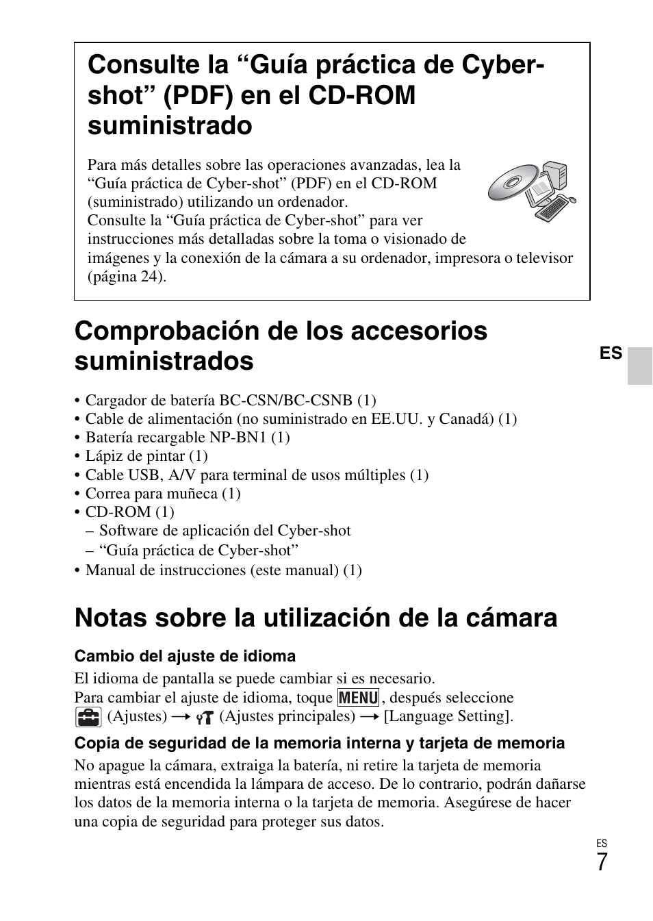 Comprobación de los accesorios suministrados, Notas sobre la utilización de la cámara | Sony DSC-T110 User Manual | Page 39 / 72