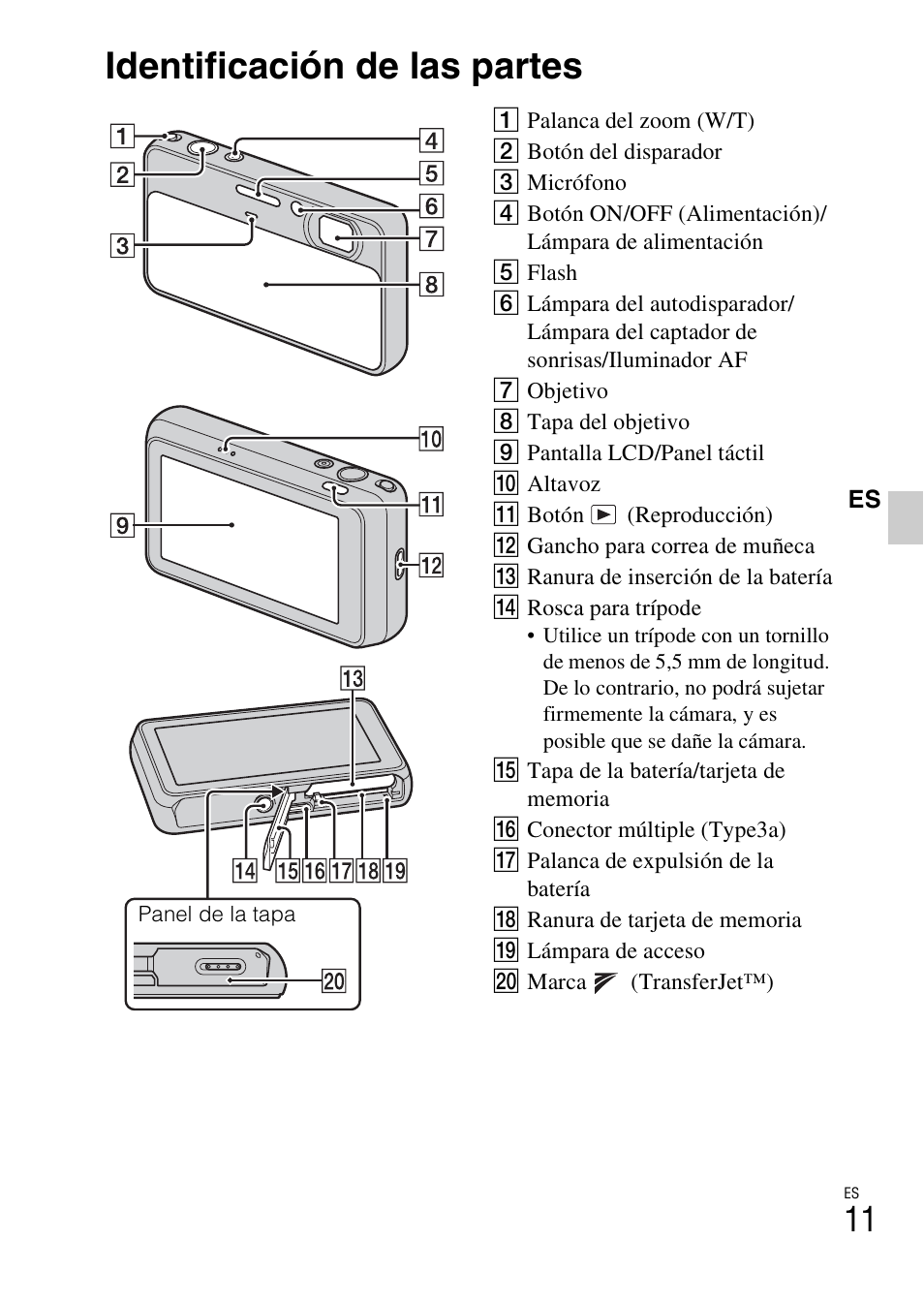 Identificación de las partes | Sony DSC-T110 User Manual | Page 43 / 72