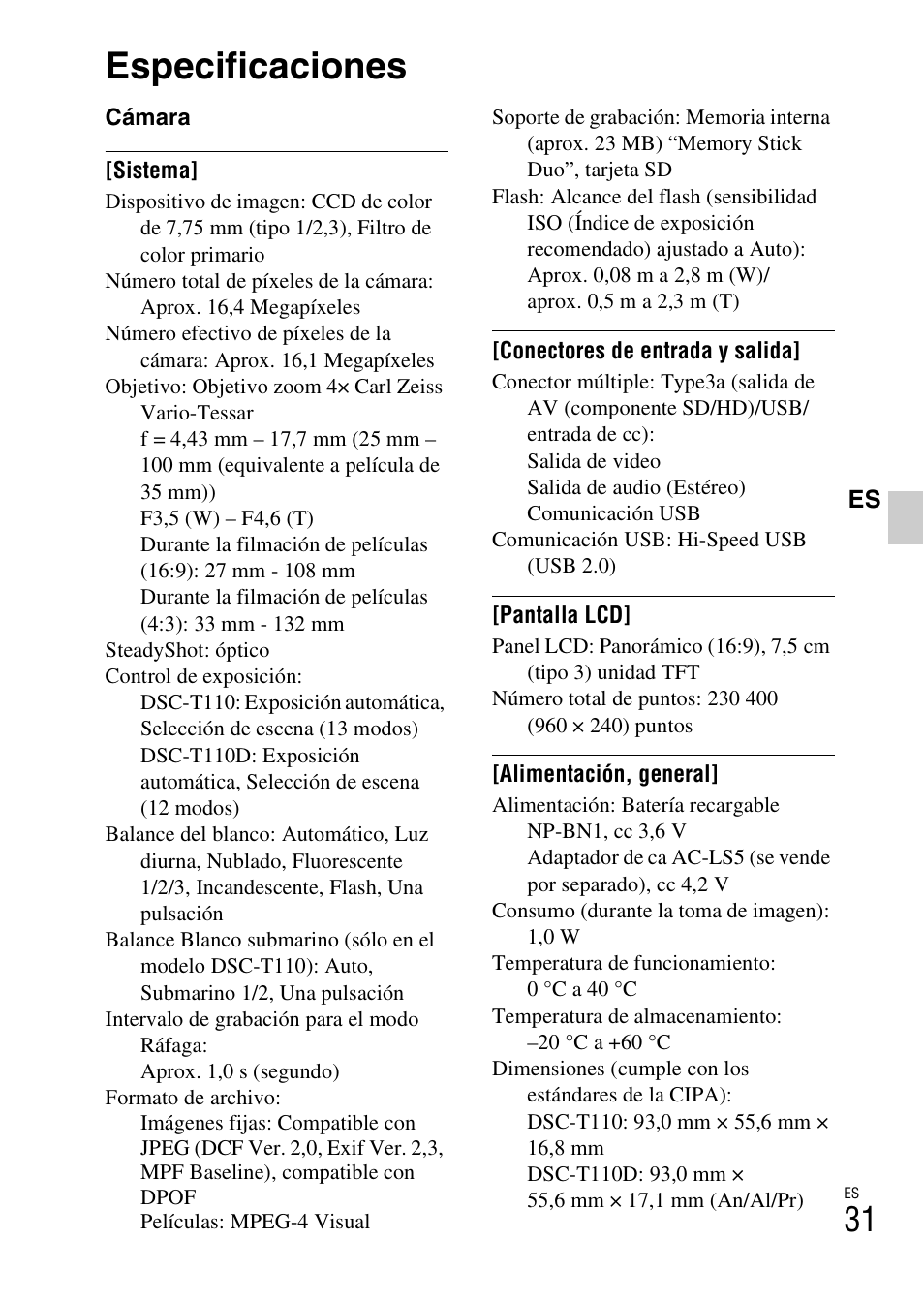 Especificaciones | Sony DSC-T110 User Manual | Page 63 / 72