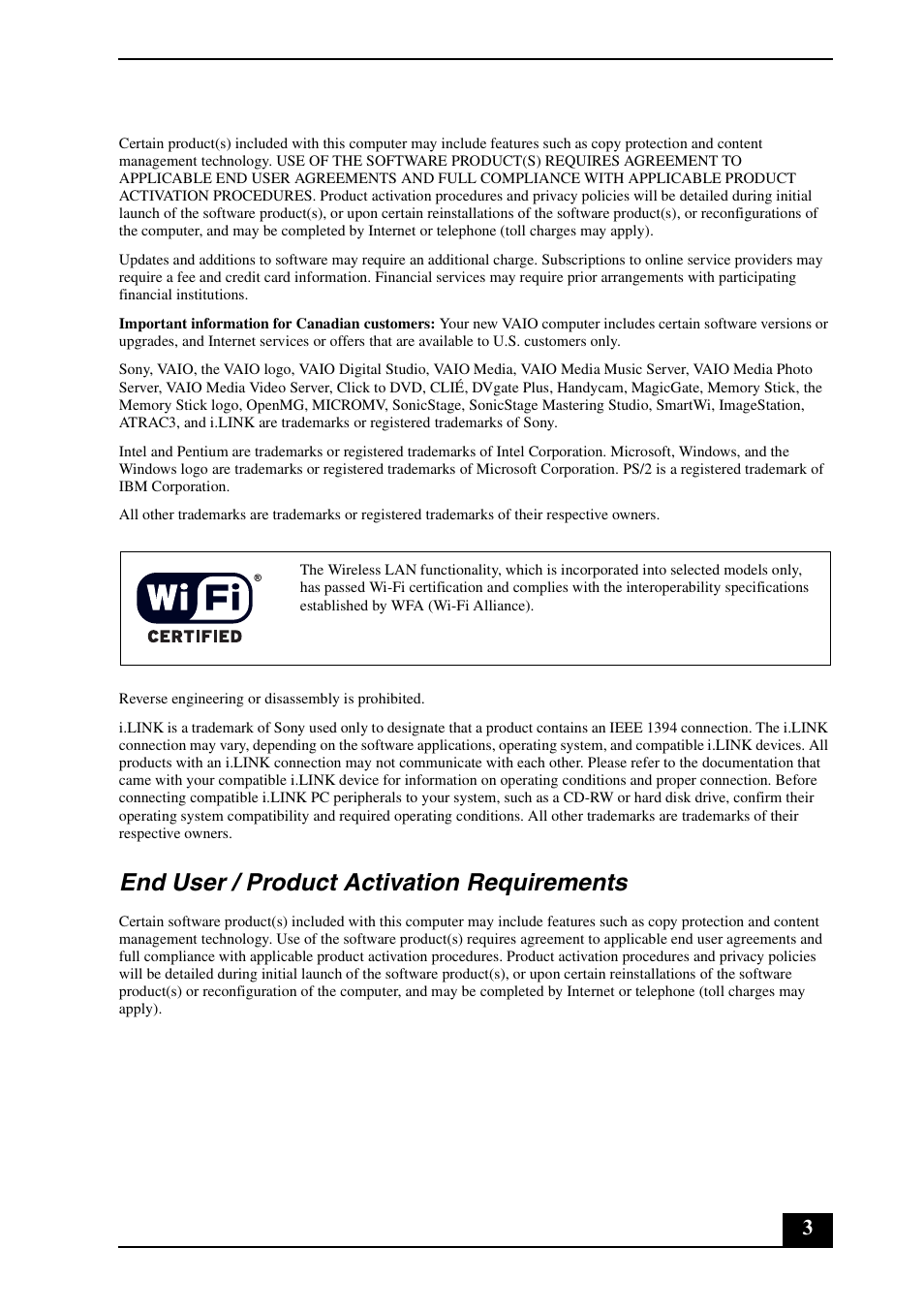 End user / product activation requirements | Sony VGN-SZ450N User Manual | Page 3 / 20