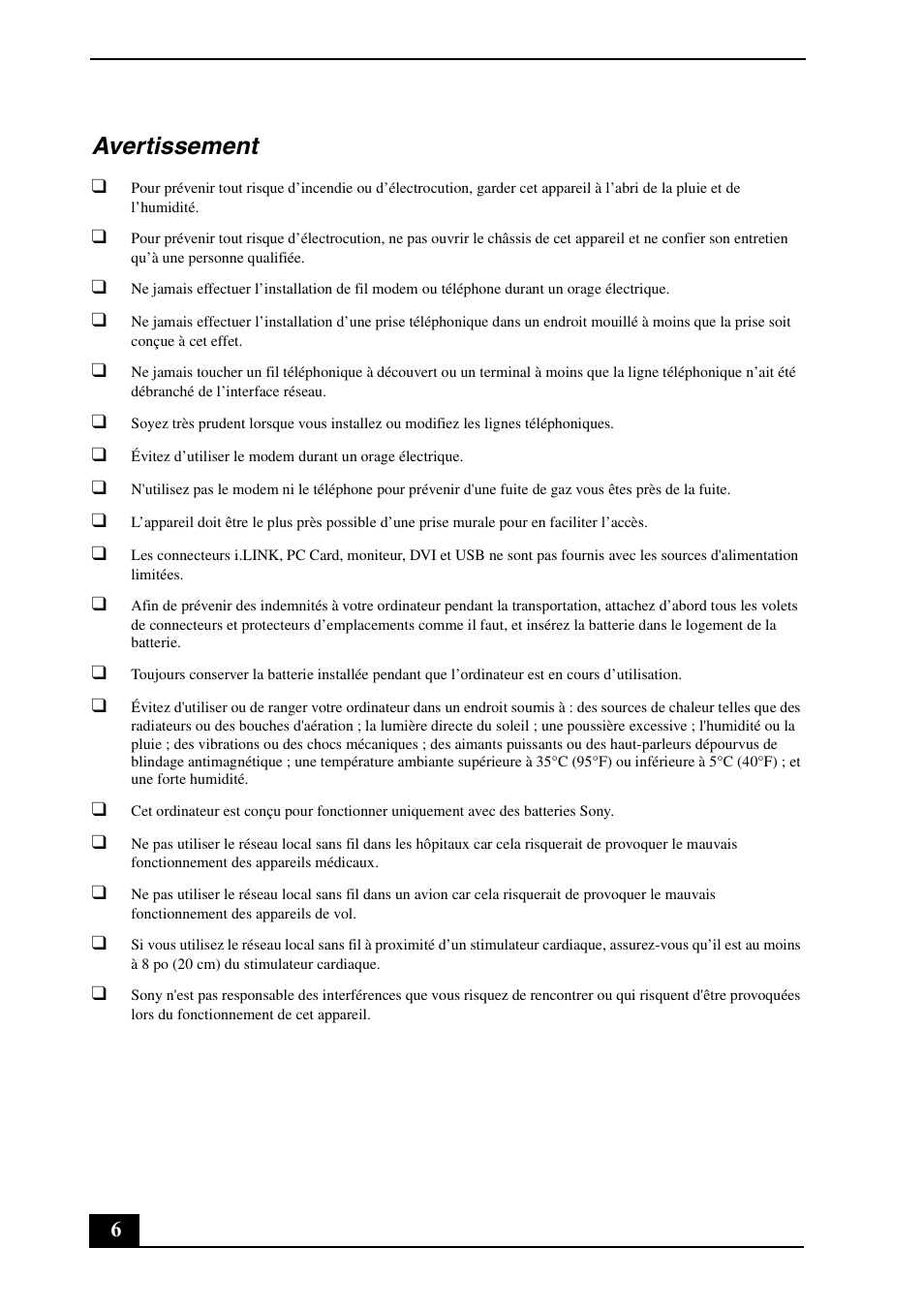 Avertissement | Sony VGN-SZ450N User Manual | Page 6 / 20