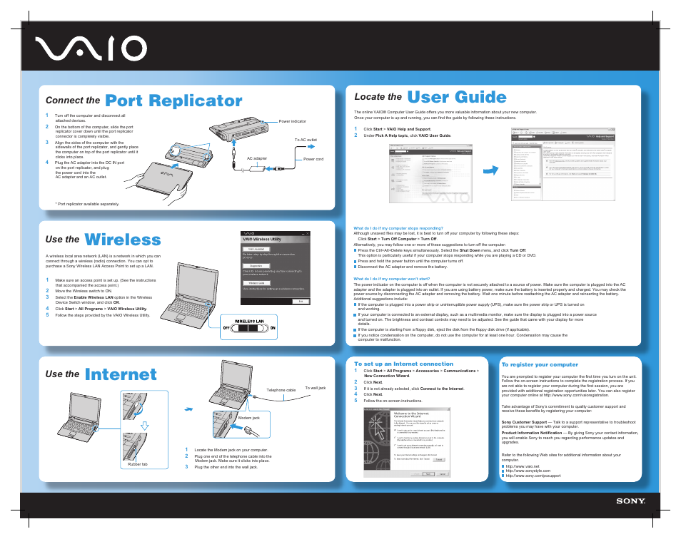 User guide, Port replicator, Internet | Wireless, Locate the, Connect the, Use the | Sony VGN-B100 User Manual | Page 2 / 2