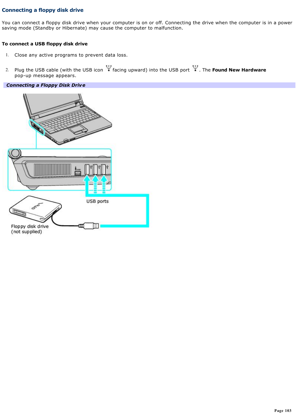 Connecting a floppy disk drive | Sony PCG-K33 User Manual | Page 103 / 151