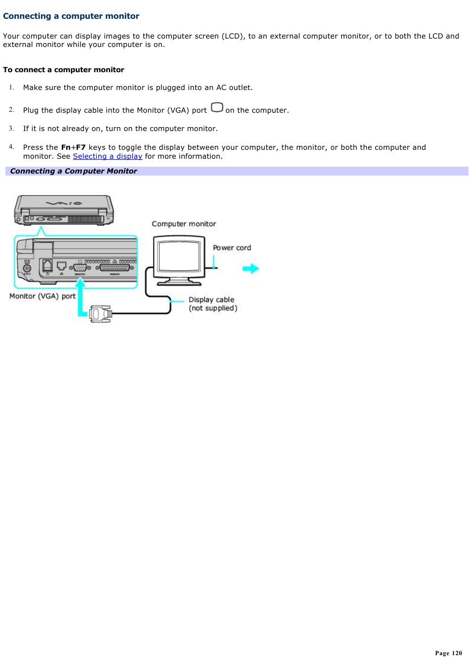 Connecting a computer monitor | Sony PCG-K33 User Manual | Page 120 / 151