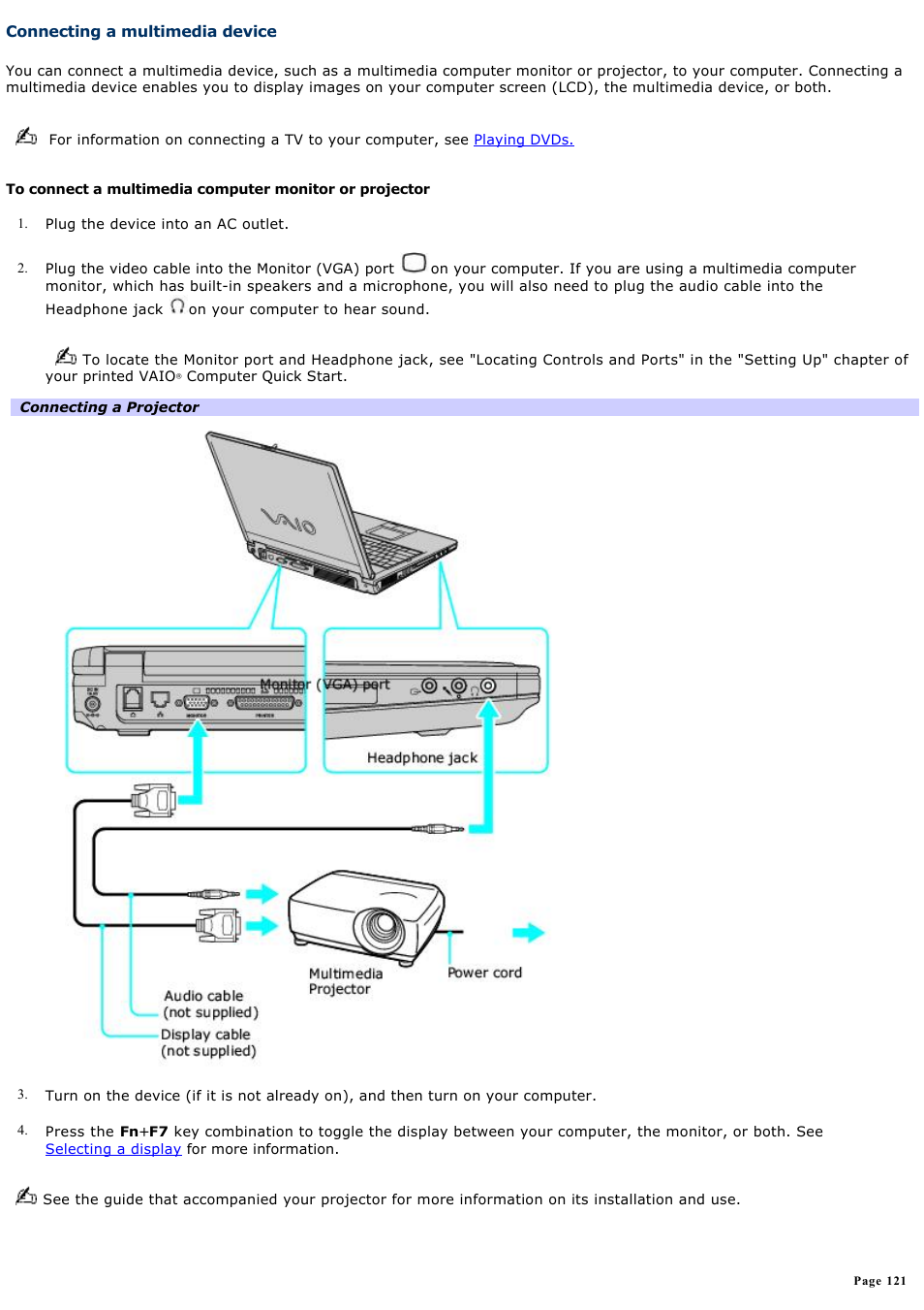 Connecting a multimedia device | Sony PCG-K33 User Manual | Page 121 / 151