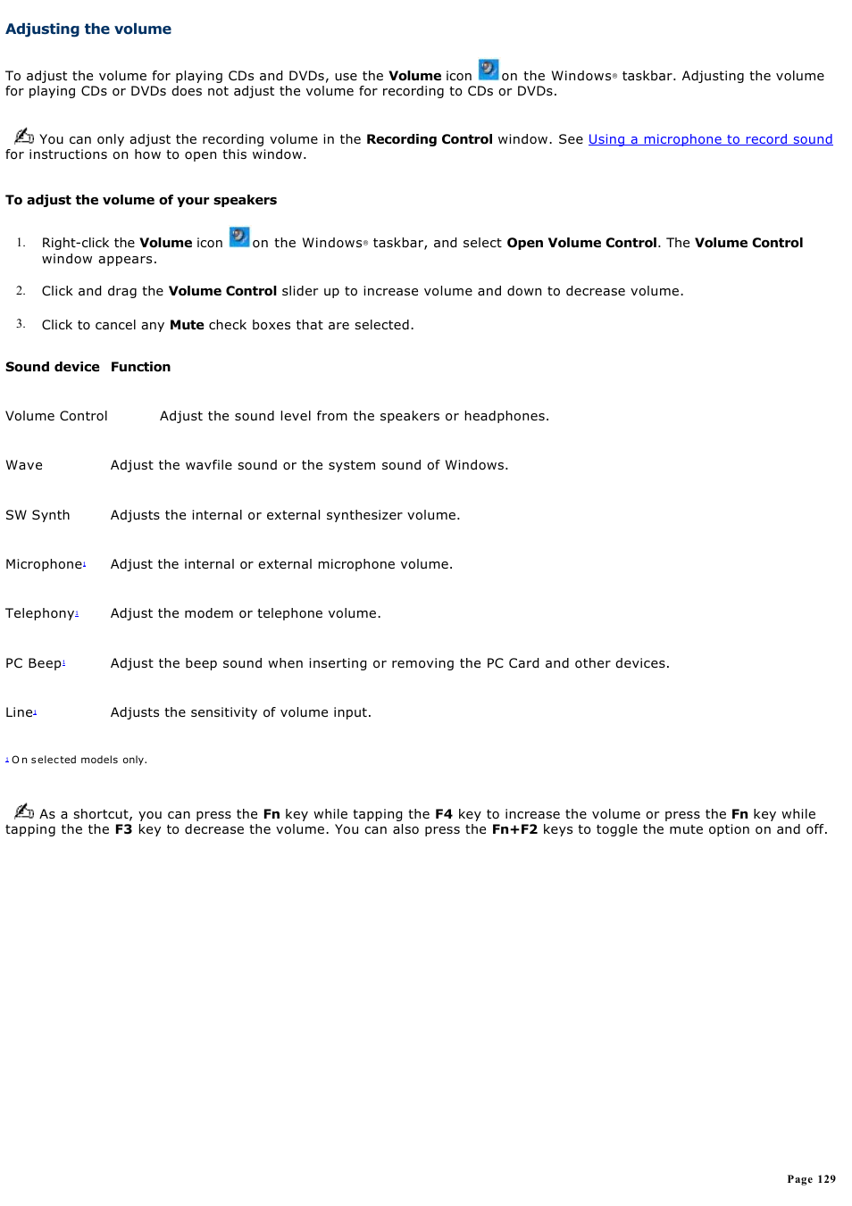 Adjusting the volume | Sony PCG-K33 User Manual | Page 129 / 151