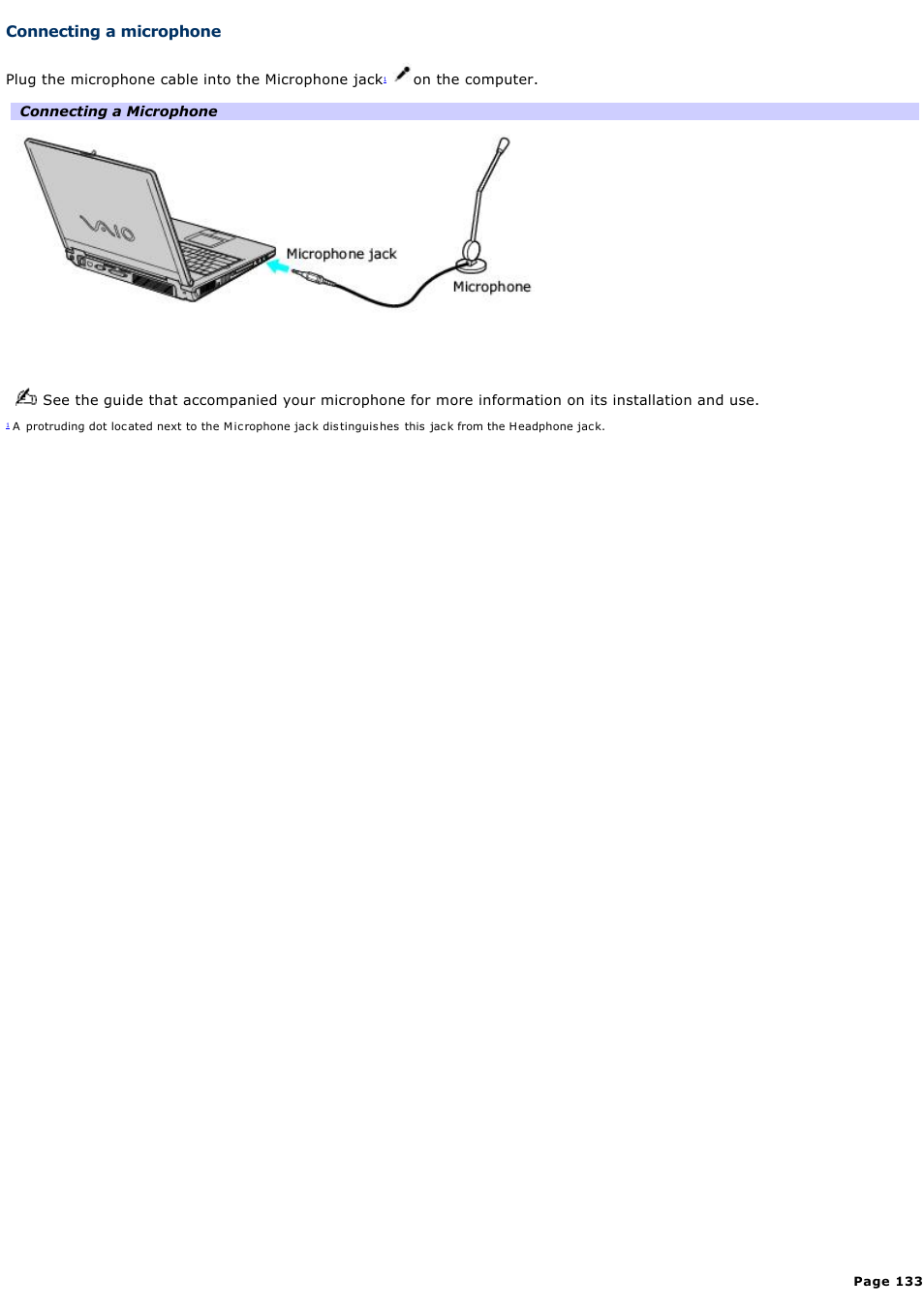 Connecting a microphone | Sony PCG-K33 User Manual | Page 133 / 151