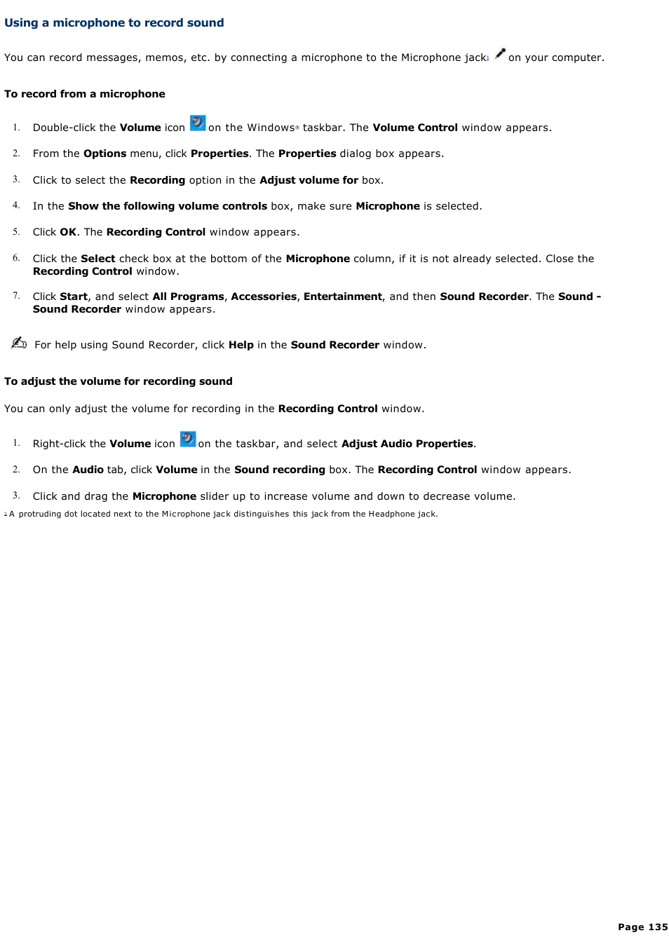 Using a microphone to record sound | Sony PCG-K33 User Manual | Page 135 / 151